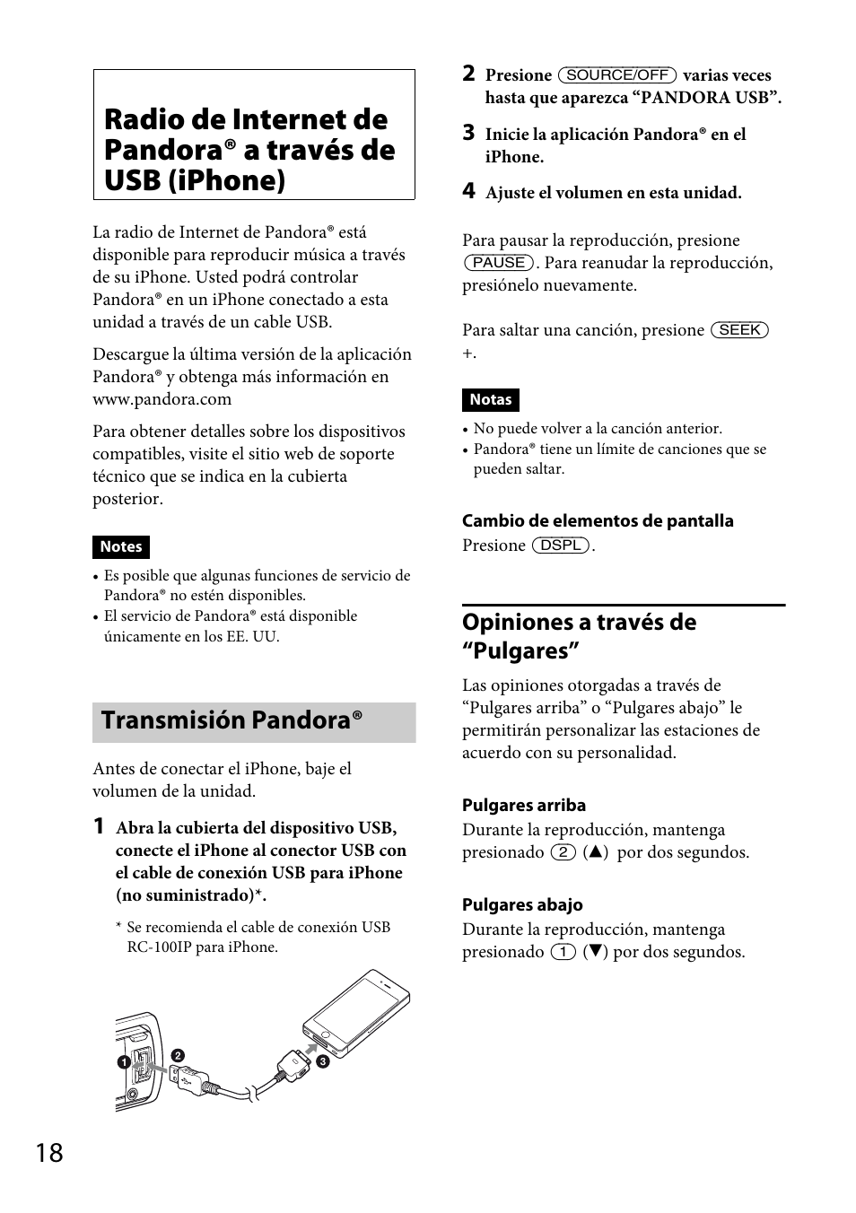 Transmisión pandora, Opiniones a través de “pulgares | Sony CDX-GT66UPW User Manual | Page 50 / 72