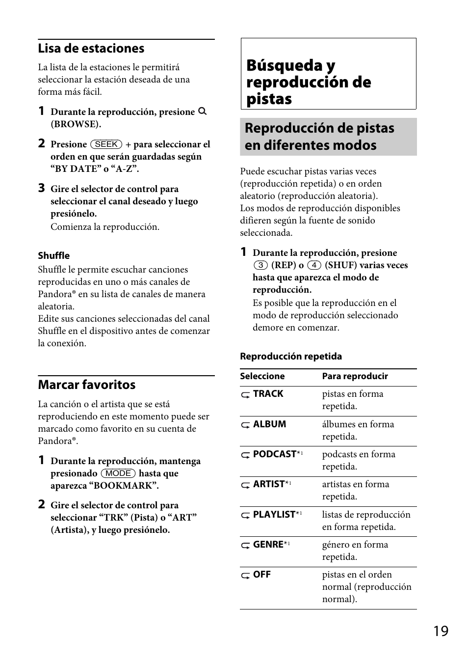 Búsqueda y reproducción de pistas, Reproducción de pistas en diferentes modos, Lisa de estaciones | Marcar favoritos | Sony CDX-GT66UPW User Manual | Page 51 / 72