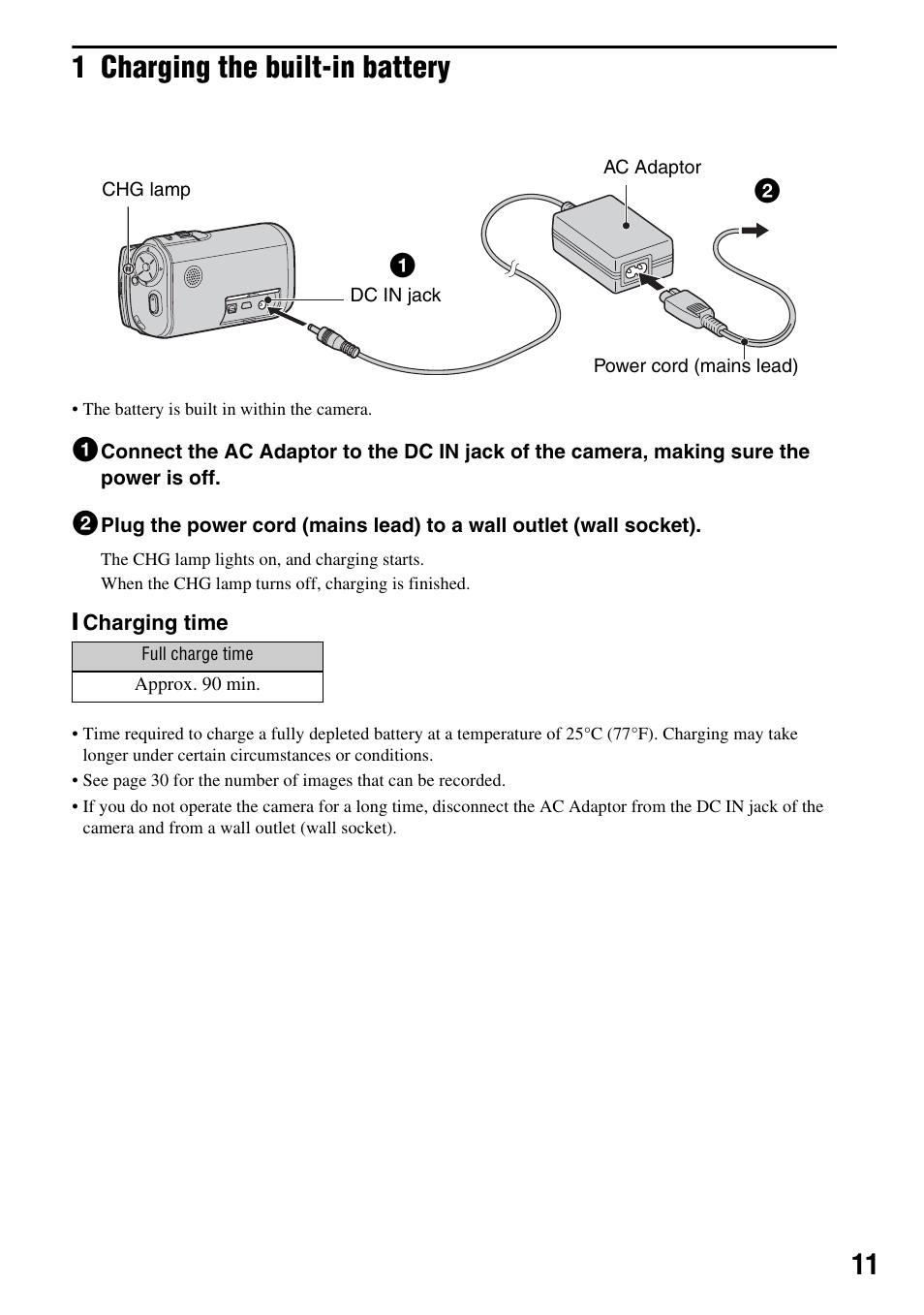 1 charging the built-in battery | Sony MHS-CM1 User Manual | Page 11 / 40