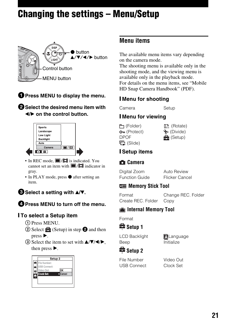 Changing the settings - menu/setup, Menu items, Changing the settings – menu/setup | Sony MHS-CM1 User Manual | Page 21 / 40