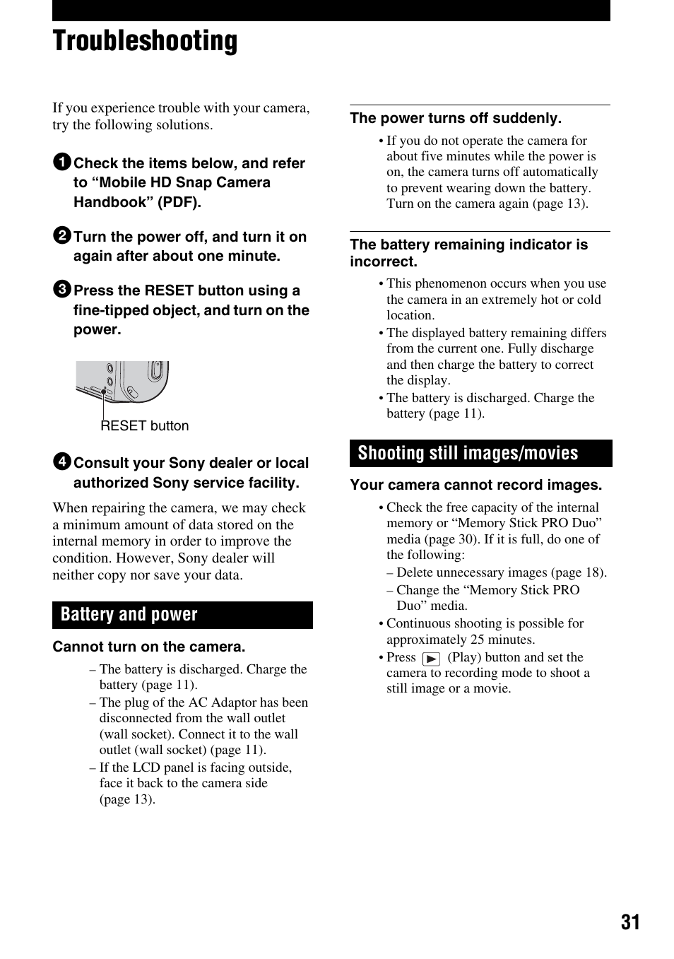 Troubleshooting, Battery and power, Shooting still images/movies | Battery and power shooting still images/movies | Sony MHS-CM1 User Manual | Page 31 / 40