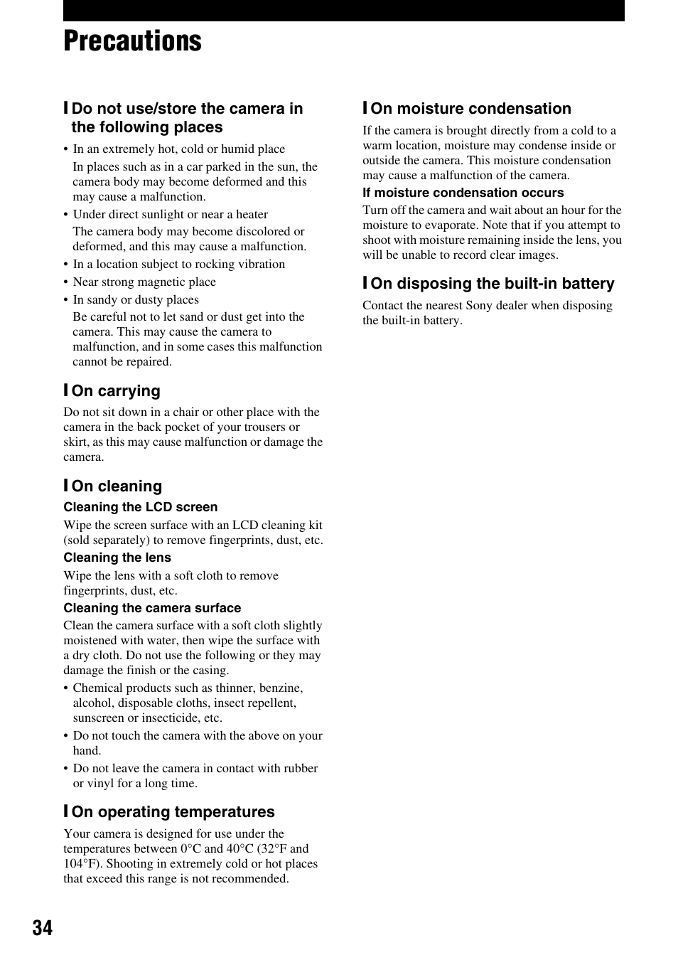 Precautions | Sony MHS-CM1 User Manual | Page 34 / 40