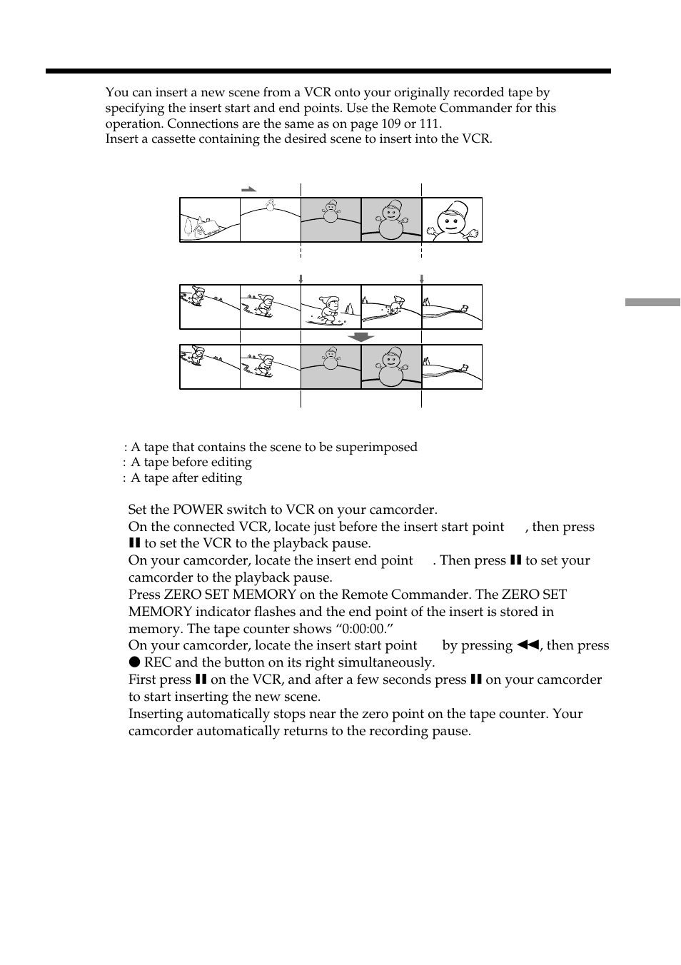 Inserting a scene from a vcr – insert editing | Sony DCR-TRV950 User Manual | Page 113 / 256