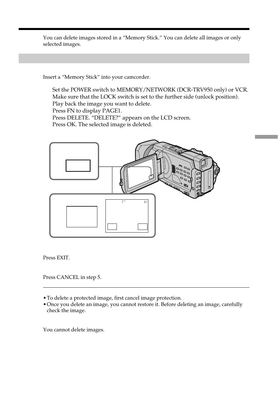Deleting images – delete, Dele– te | Sony DCR-TRV950 User Manual | Page 177 / 256