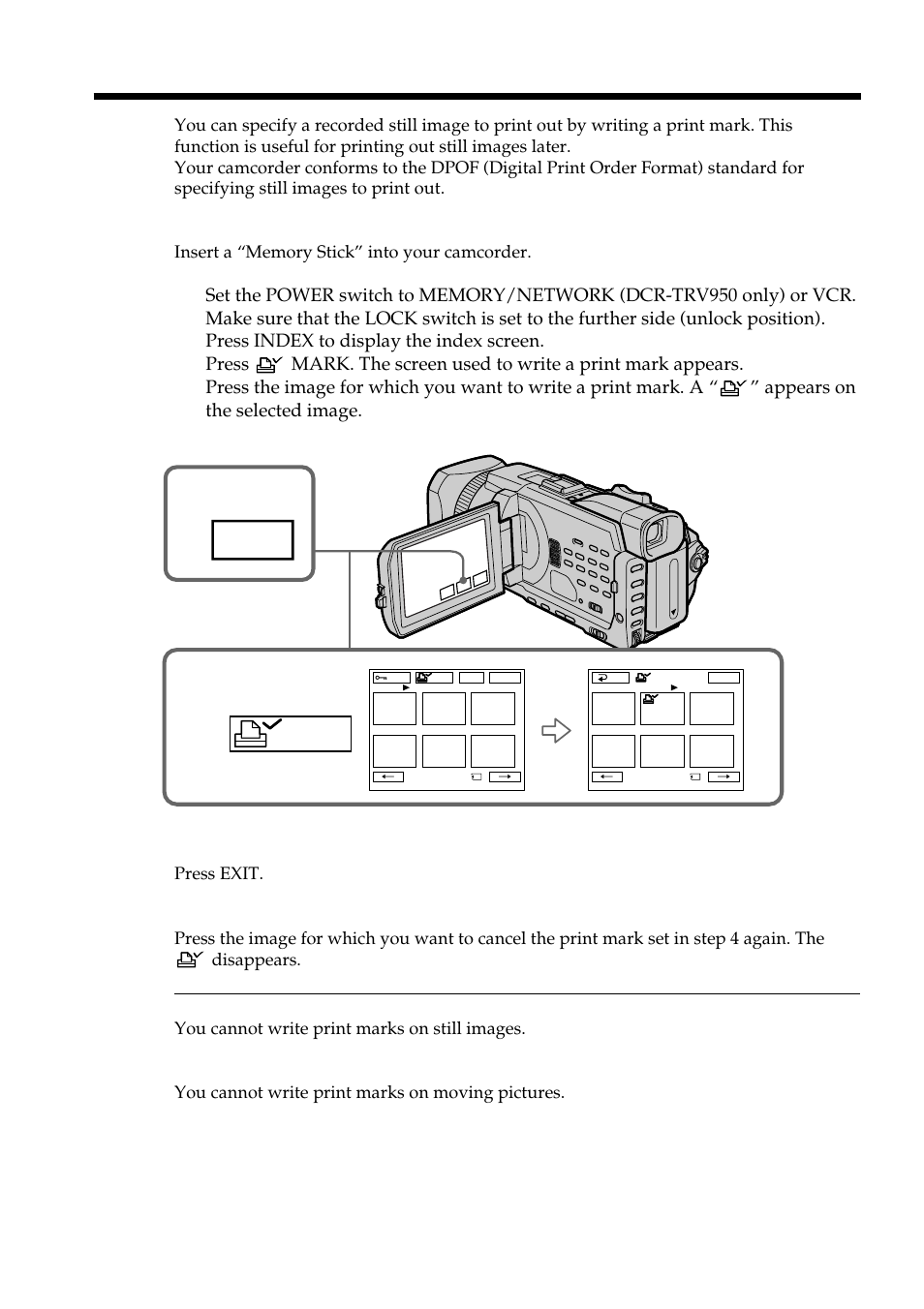 Writing a print mark – print mark, Index, Mark | Sony DCR-TRV950 User Manual | Page 180 / 256