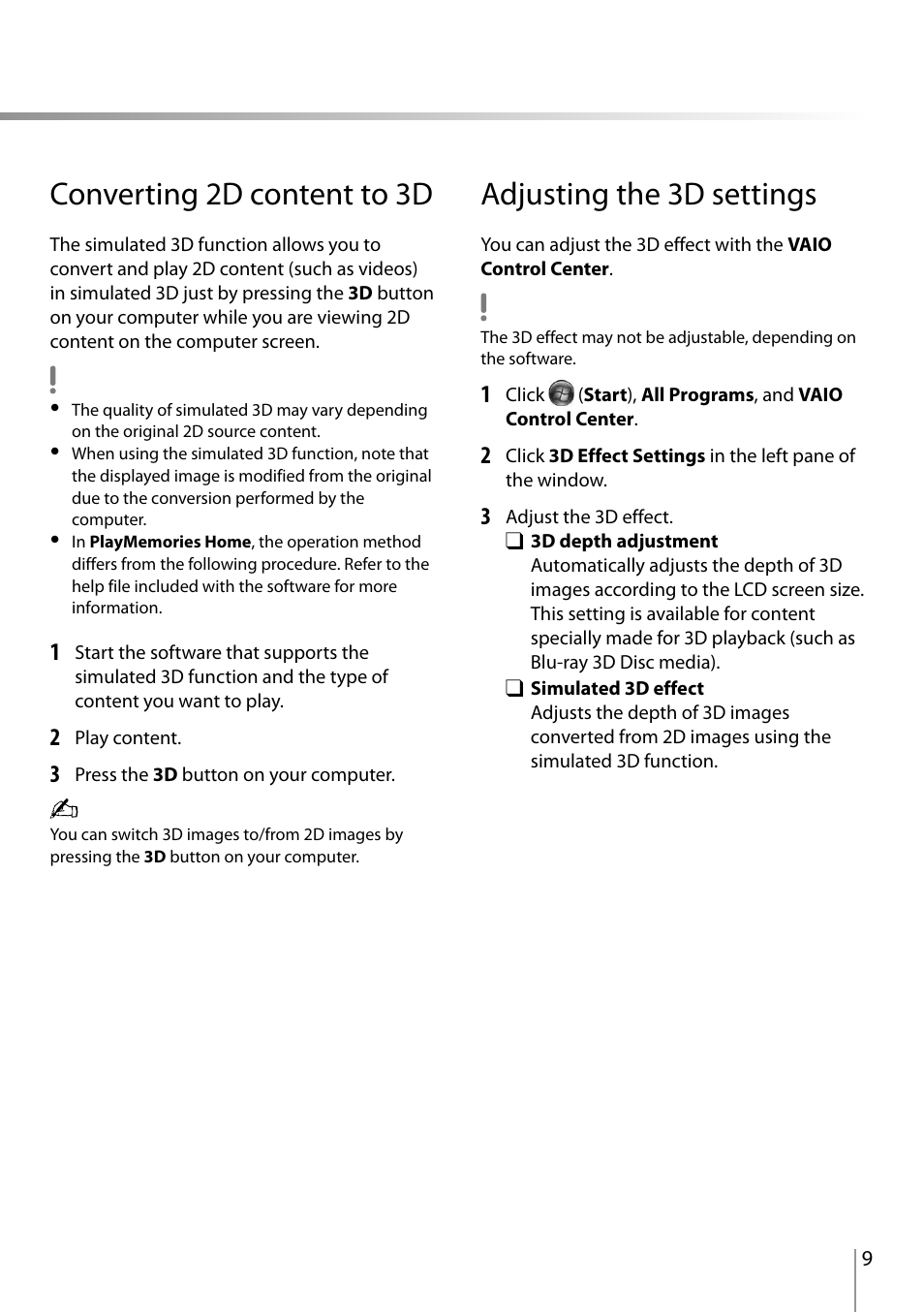 Adjusting the 3d settings, Converting d content to 3d | Sony SVL24118FXB User Manual | Page 9 / 20