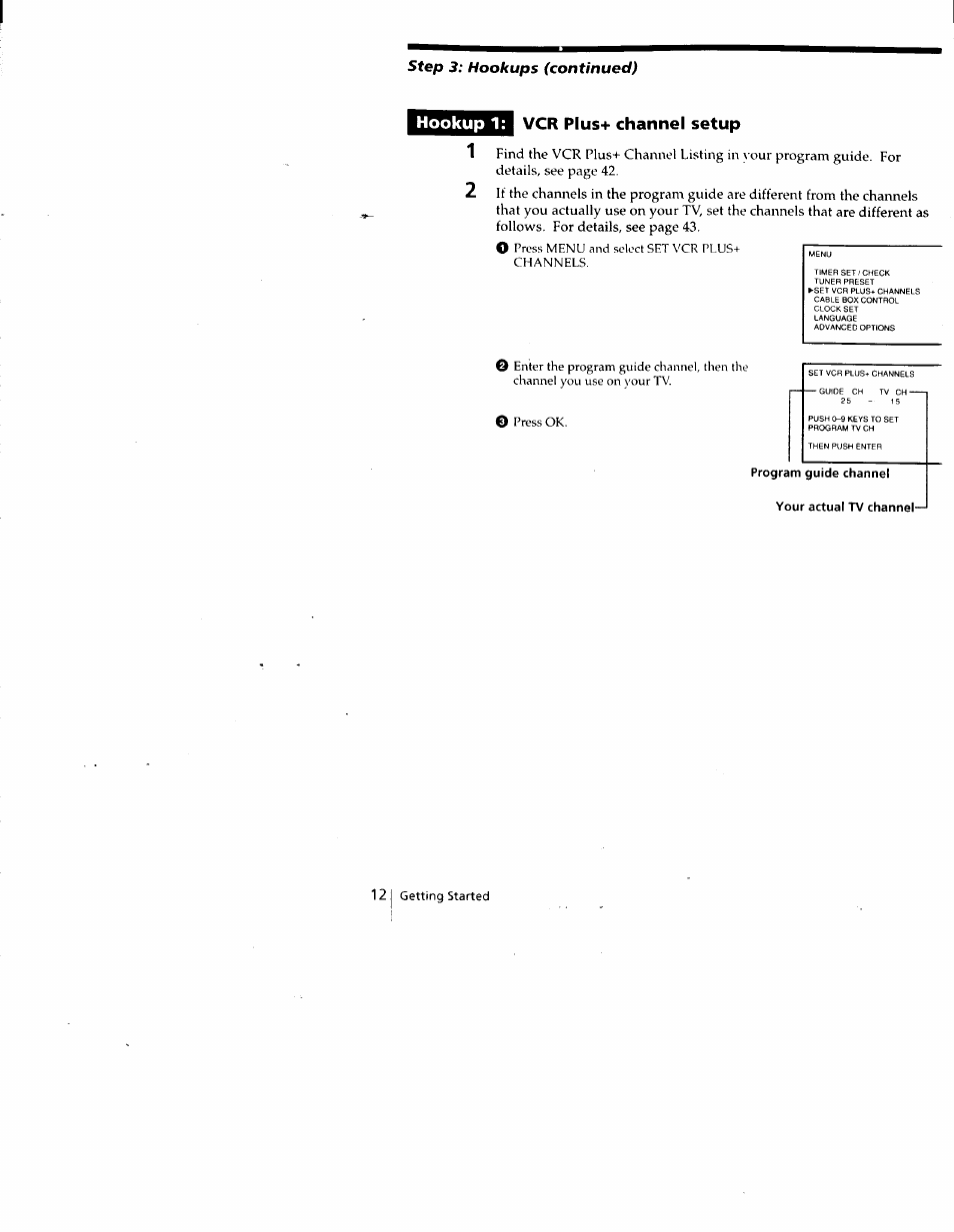 Hookup 1, Vcr plus+ channel setup, Program guide channel | Your actual tv channeh, Hookup 1: vcr plus+ channel setup | Sony SLV-688HF User Manual | Page 12 / 79