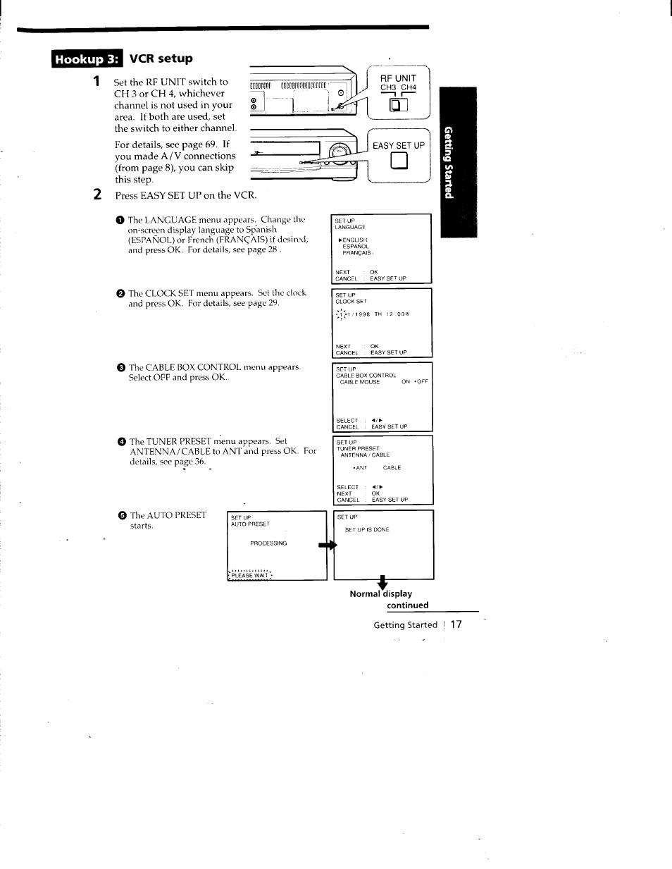 Normal display, Continued, Hookup 3: vcr setup | Press easy set up on the vcr, Getting started i 17 | Sony SLV-688HF User Manual | Page 17 / 79