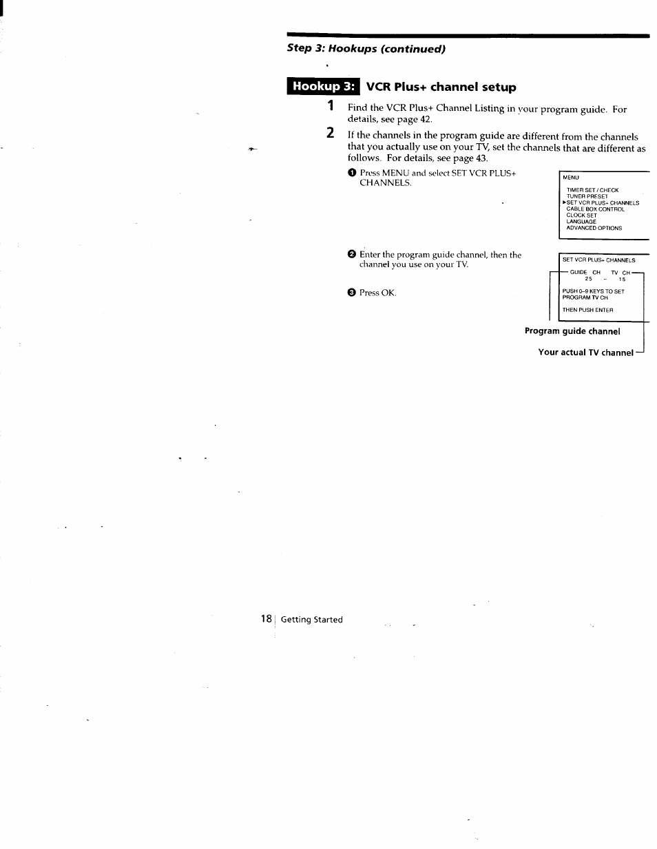 Hookup 3, Vcr plus+ channel setup, Program guide channel your actual tv channel | Hookup 3: vcr plus+ channel setup, Step | Sony SLV-688HF User Manual | Page 18 / 79