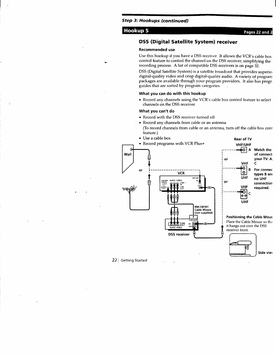 Dss (digital satellite system) receiver, Recommended use, What you can do with this hookup | What you can't do, Step, 1 hookup 5 | Sony SLV-688HF User Manual | Page 22 / 79