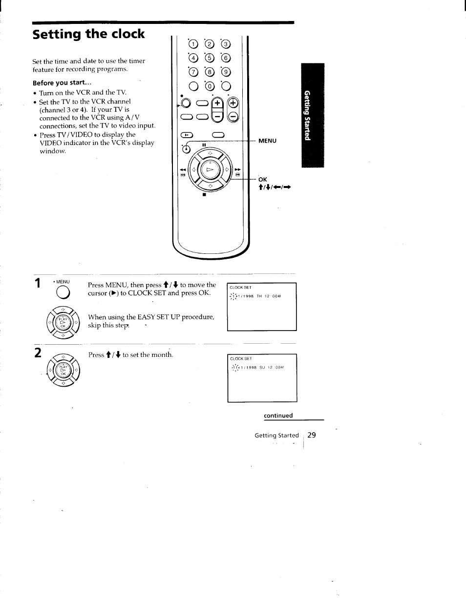 Setting the clock | Sony SLV-688HF User Manual | Page 29 / 79