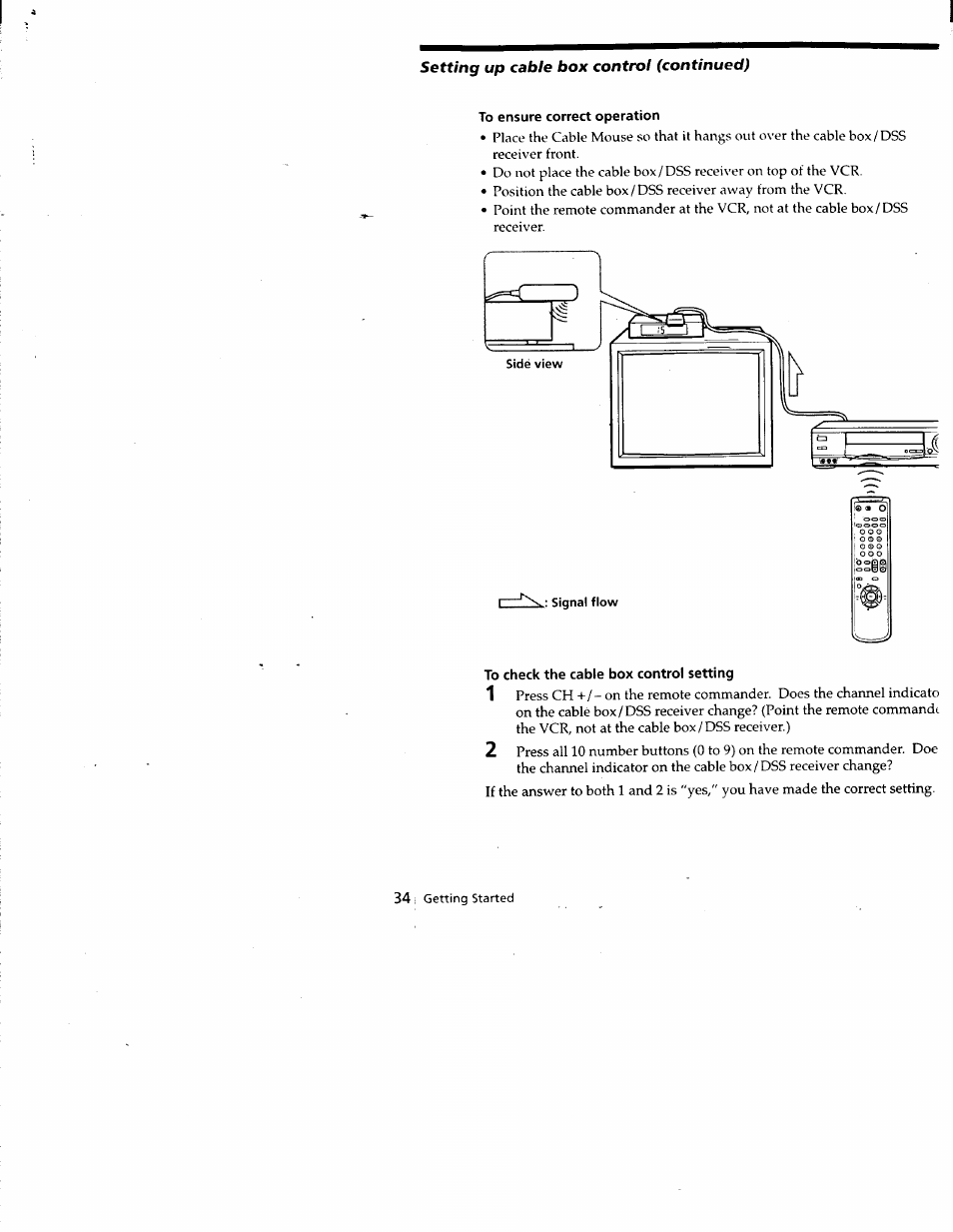 To ensure correct operation, Signal flow, To check the cable box control setting | Sony SLV-688HF User Manual | Page 34 / 79