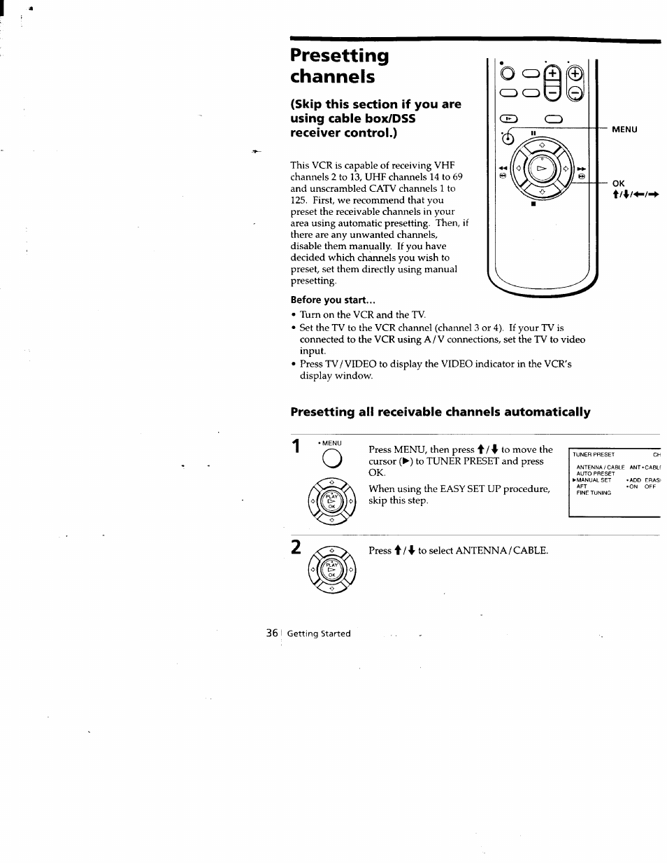 Presetting, Channels, Before you start | Presetting all receivable channels automatically, Presetting channels | Sony SLV-688HF User Manual | Page 36 / 79