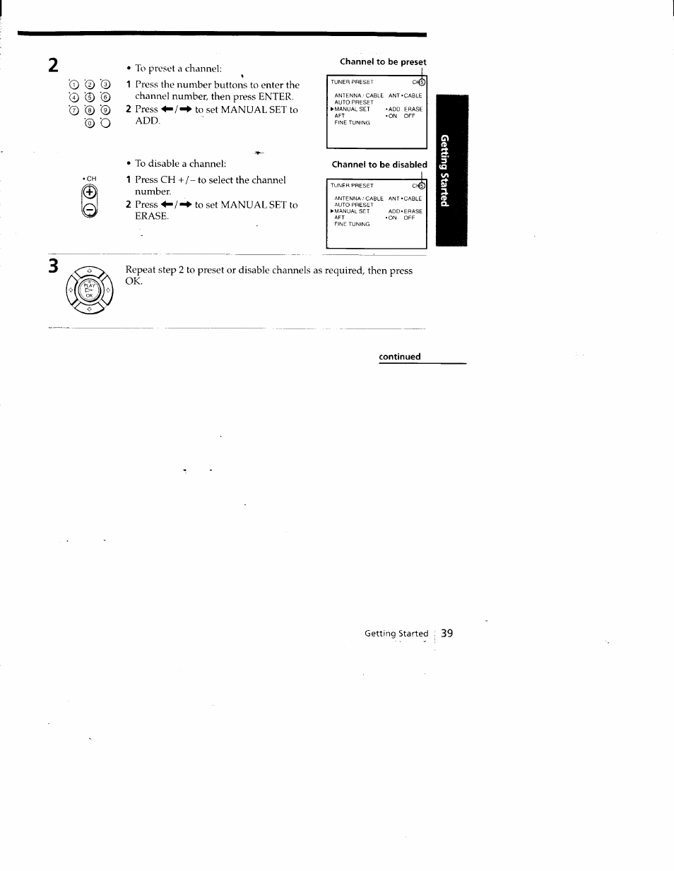 Continued, Getting started : 39 | Sony SLV-688HF User Manual | Page 39 / 79