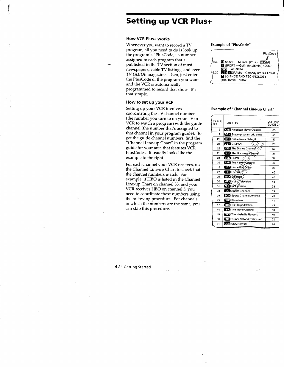 Setting up vcr plus, How vcr plus+ works, How to set up your vcr | Example of "pluscode, 42 getting started | Sony SLV-688HF User Manual | Page 42 / 79