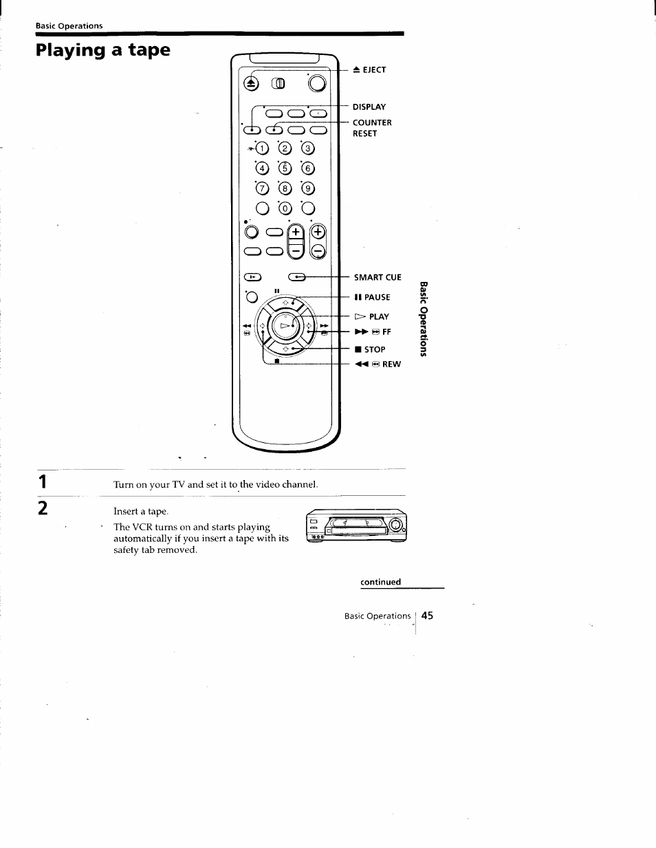 Basic operations, Playing a tape, Smart cue ii pause | T> play ►► e ff, Stop ◄◄ gi rew, Continued | Sony SLV-688HF User Manual | Page 45 / 79
