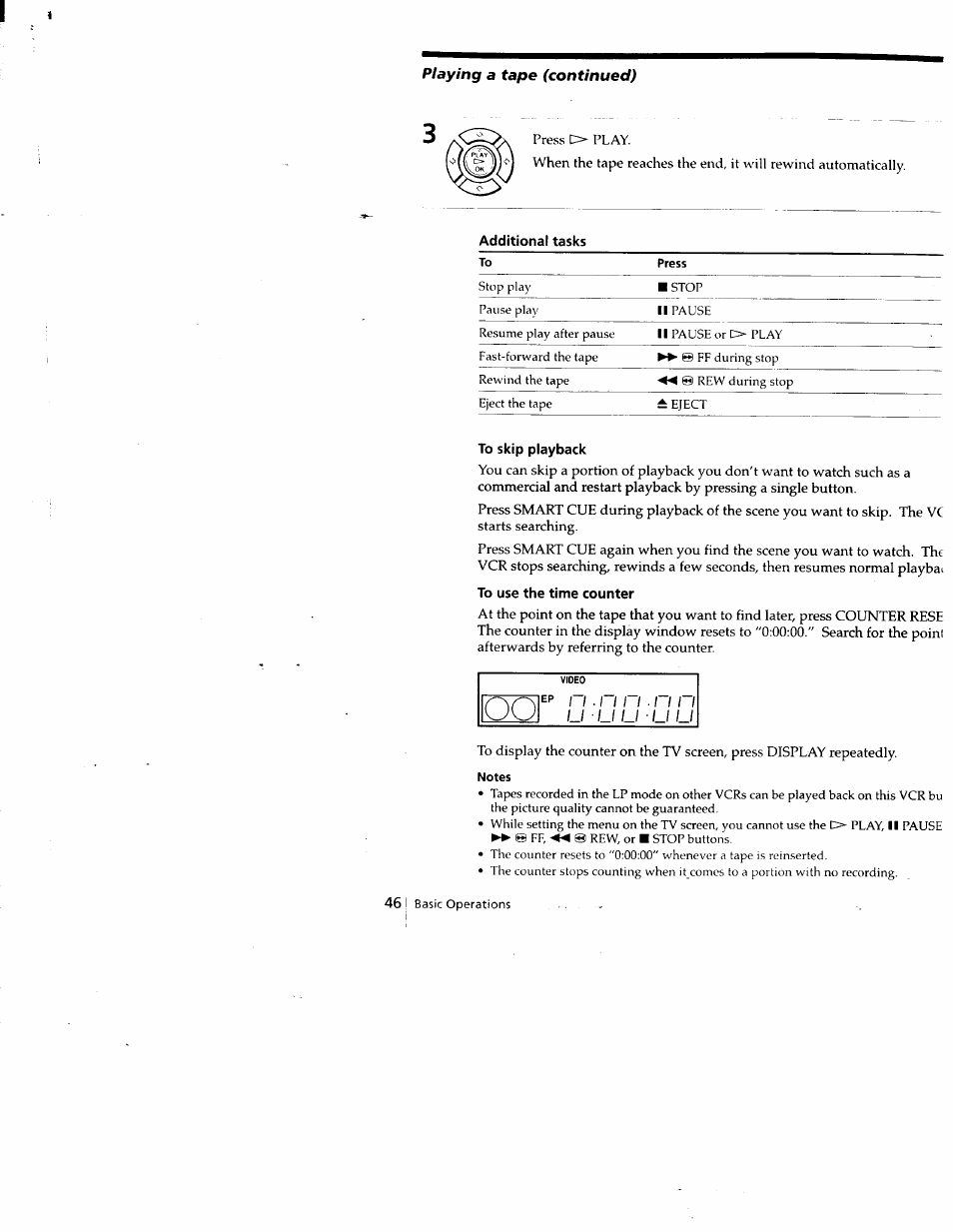 Additional tasks, To skip playback, To use the time counter | Notes | Sony SLV-688HF User Manual | Page 46 / 79