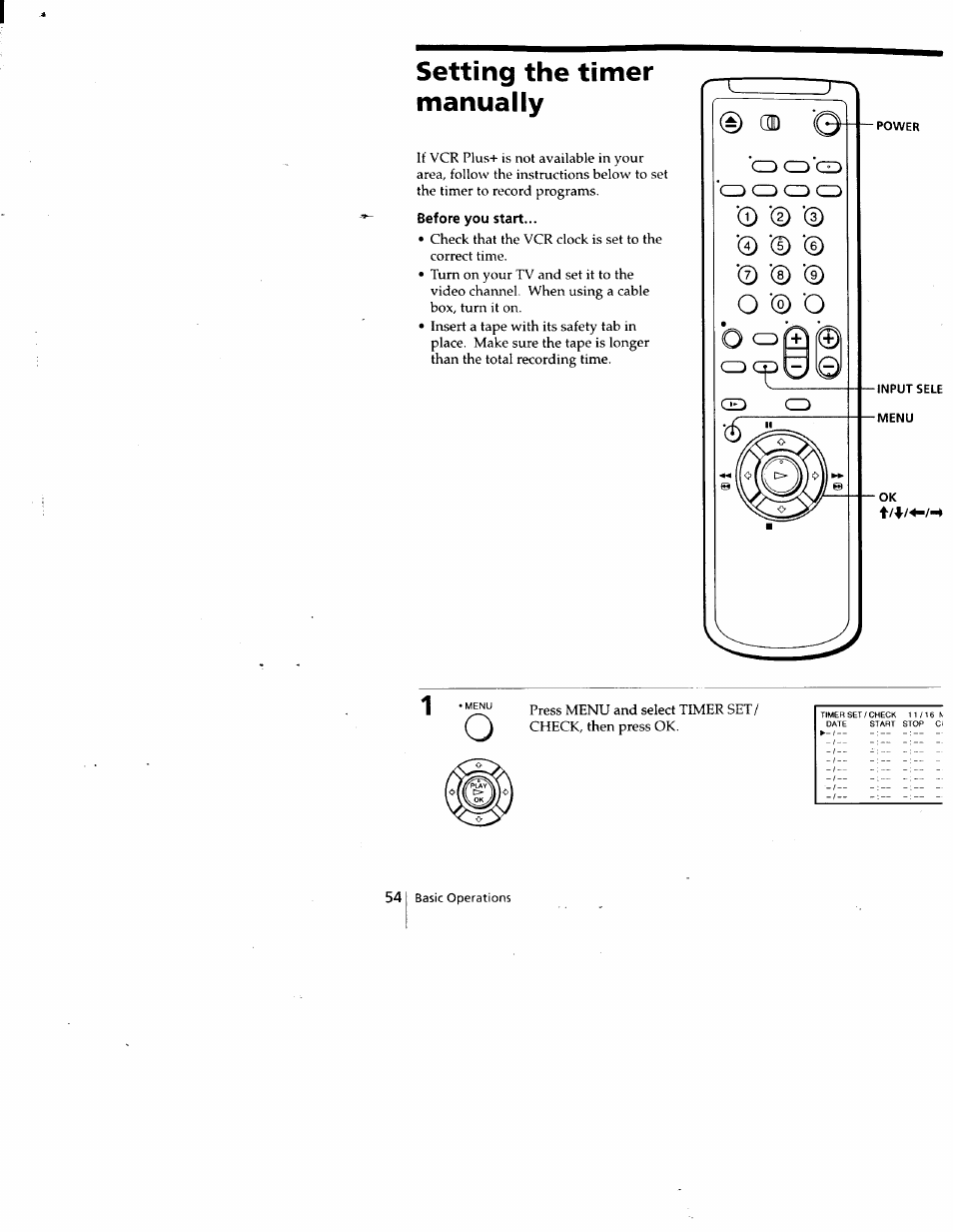 Setting the timer manually, Before you start | Sony SLV-688HF User Manual | Page 54 / 79