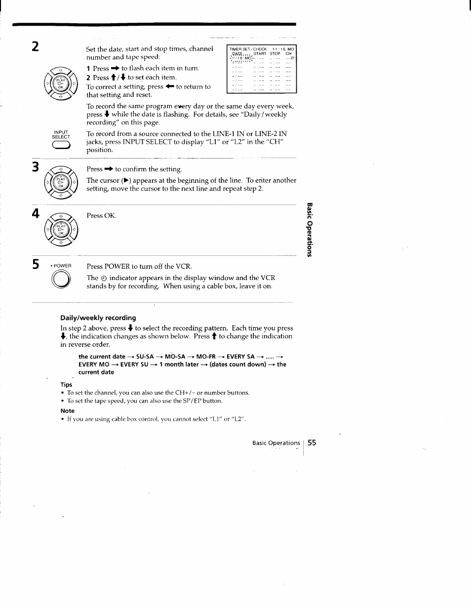Daily/weekly recording, Tips, Note | Sony SLV-688HF User Manual | Page 55 / 79