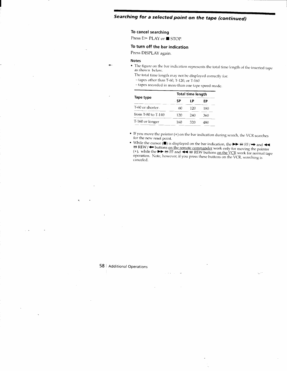 To cancel searching, To turn off the bar indication, Notes | Tape type, Total time length sp lp ep | Sony SLV-688HF User Manual | Page 58 / 79