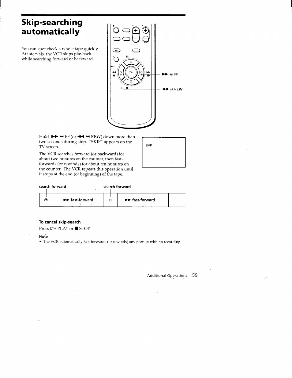 Skip-searching, Automatically, To cancel skip-search | Note, Skip-searching automatically | Sony SLV-688HF User Manual | Page 59 / 79