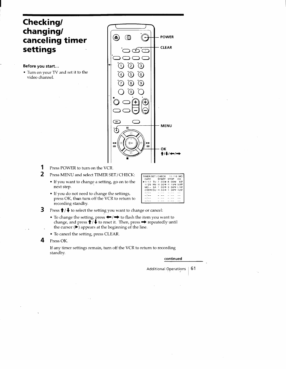 Before you start, Power, Clear | Continued, Checking/ changing/ canceling timer settings, O 0 0 | Sony SLV-688HF User Manual | Page 61 / 79