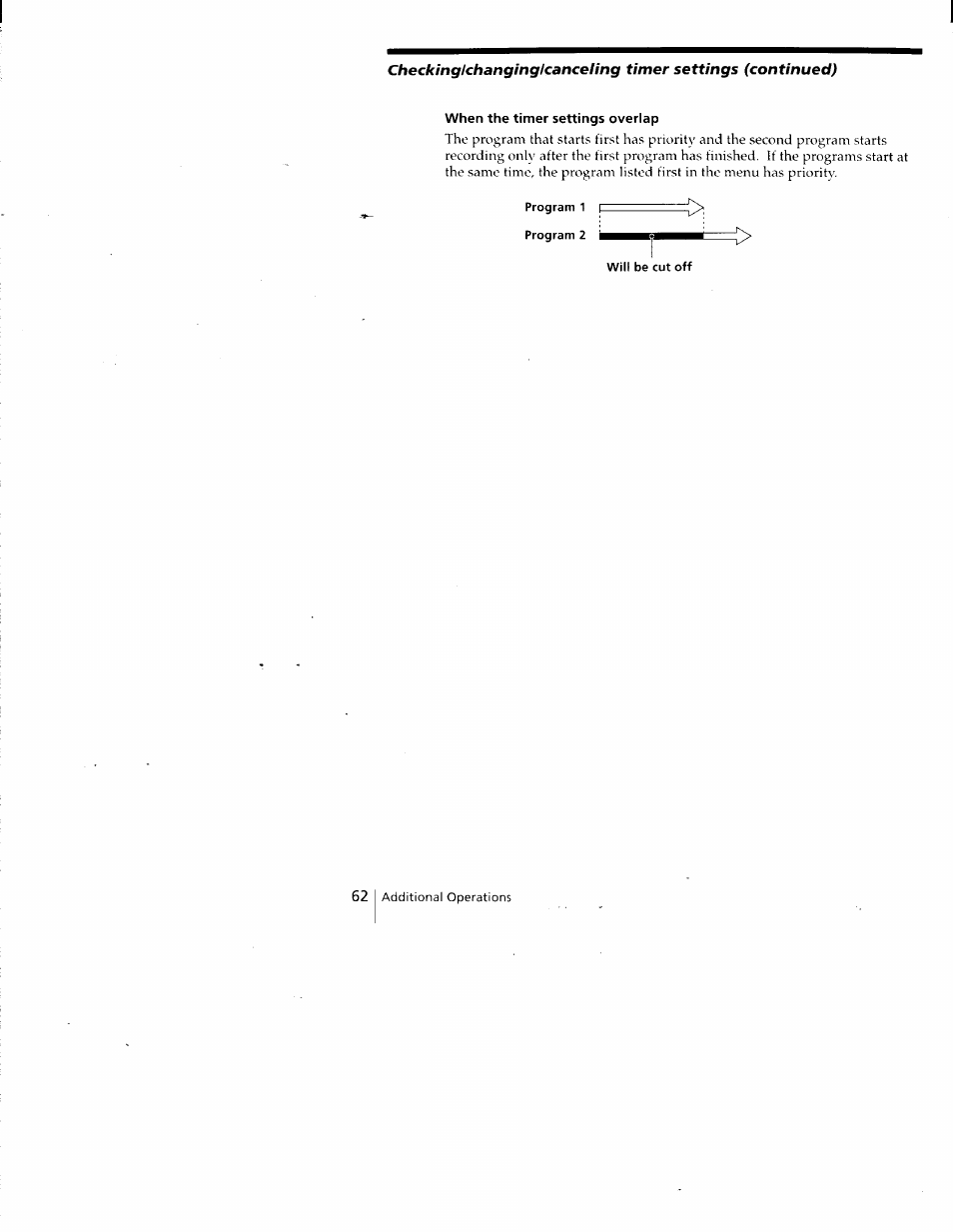 When the timer settings overlap, Program 1 |z program 2, Will be cut off | Sony SLV-688HF User Manual | Page 62 / 79
