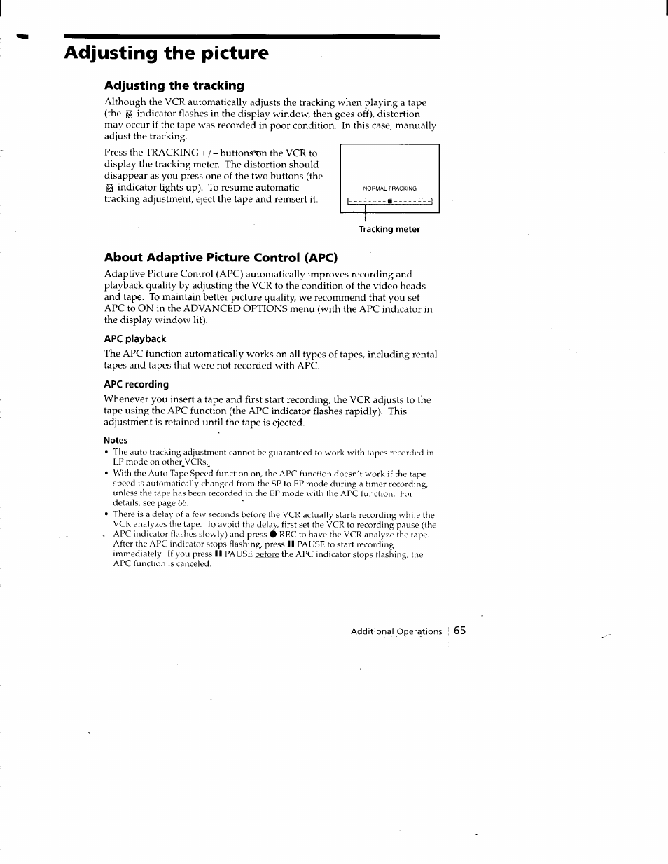 Adjusting the picture, Adjusting the tracking, Tracking meter | About adaptive picture control (apc), Apc playback, Apc recording, Notes | Sony SLV-688HF User Manual | Page 65 / 79