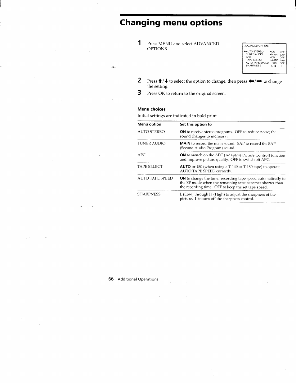Changing menu options, Menu choices, Set this option to | Sony SLV-688HF User Manual | Page 66 / 79
