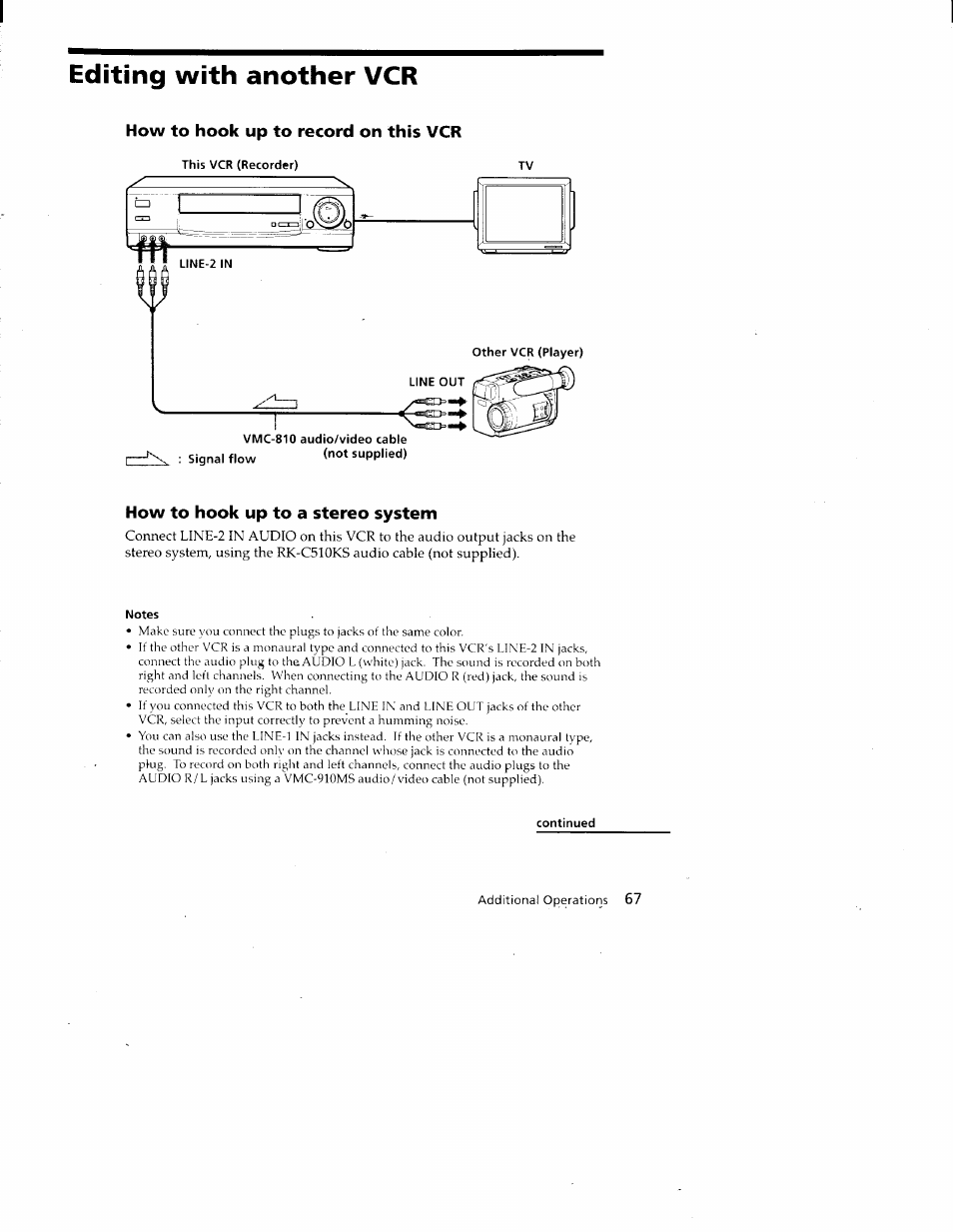 Editing with another vcr, How to hook up to record on this vcr, This vcr (recorder) tv | How to hook up to a stereo system, Notes, Continued | Sony SLV-688HF User Manual | Page 67 / 79