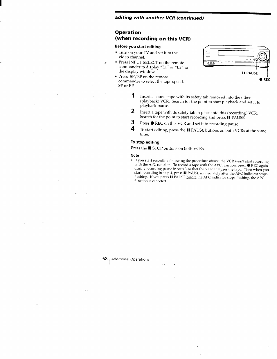 Operation, When recording on this vcr), Before you start editing | To stop editing, Note, Operation (when recording on this vcr) | Sony SLV-688HF User Manual | Page 68 / 79