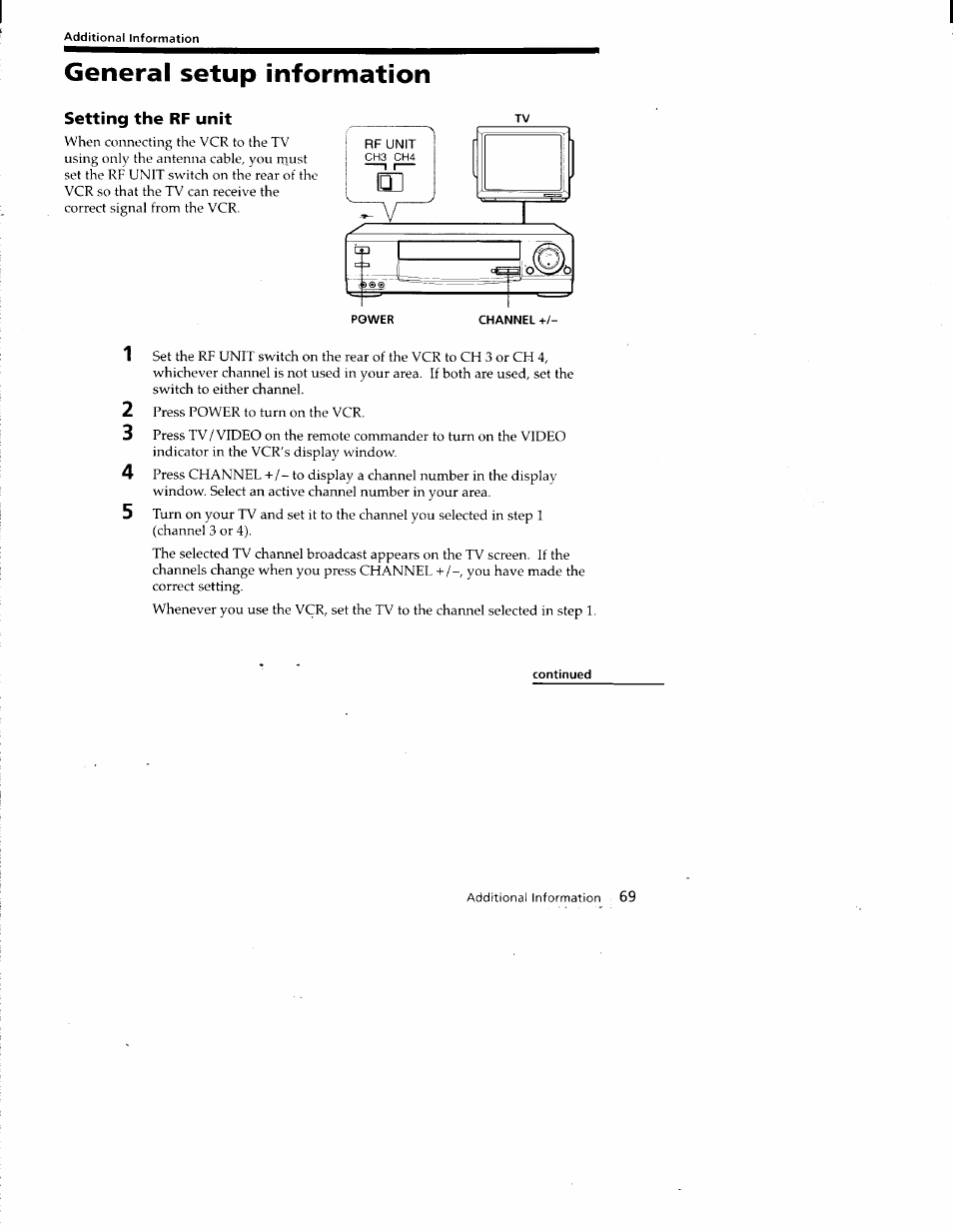Additional information, General setup information, Setting the rf unit | Continued | Sony SLV-688HF User Manual | Page 69 / 79