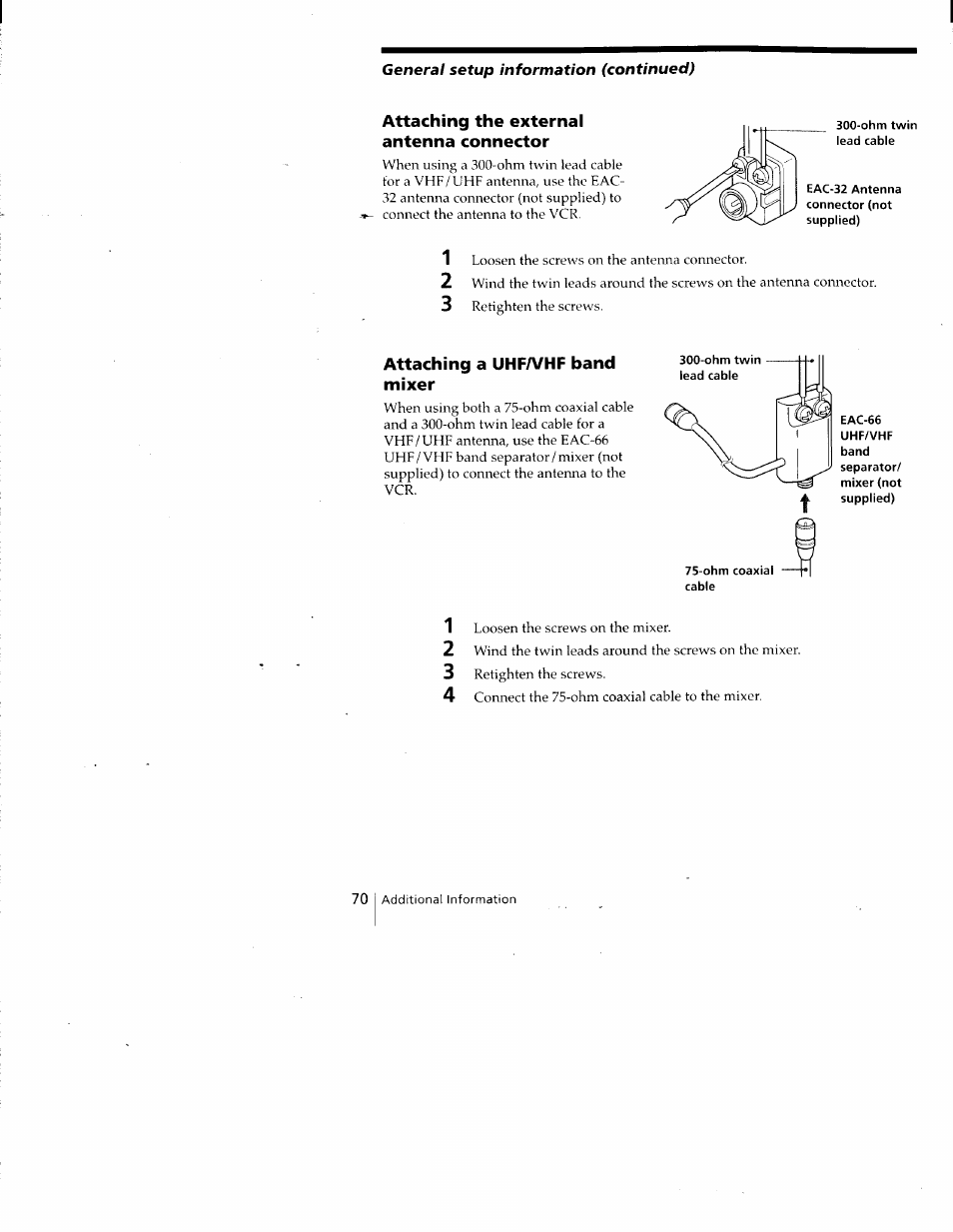 Attaching the external antenna connector, Attaching a uhfa/hf band mixer | Sony SLV-688HF User Manual | Page 70 / 79