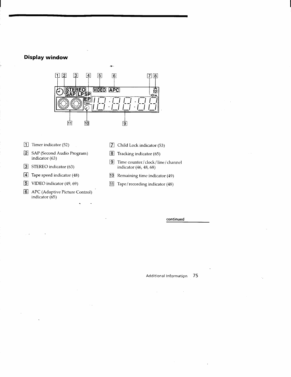 Display window, Continued, R i n . n n ) i l i ■ l i l i | L i l i | Sony SLV-688HF User Manual | Page 75 / 79