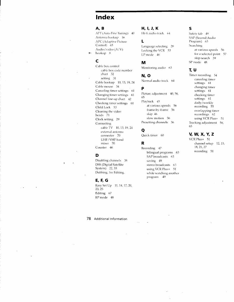 Index, A, b, E. f, g | H, i, j, k, N, o, V, w, x, y, z | Sony SLV-688HF User Manual | Page 78 / 79