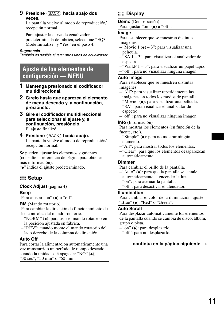 Ajuste de los elementos de configuración - menu, Ajuste de los elementos de configuración — menu | Sony CDX-GT72W User Manual | Page 29 / 40
