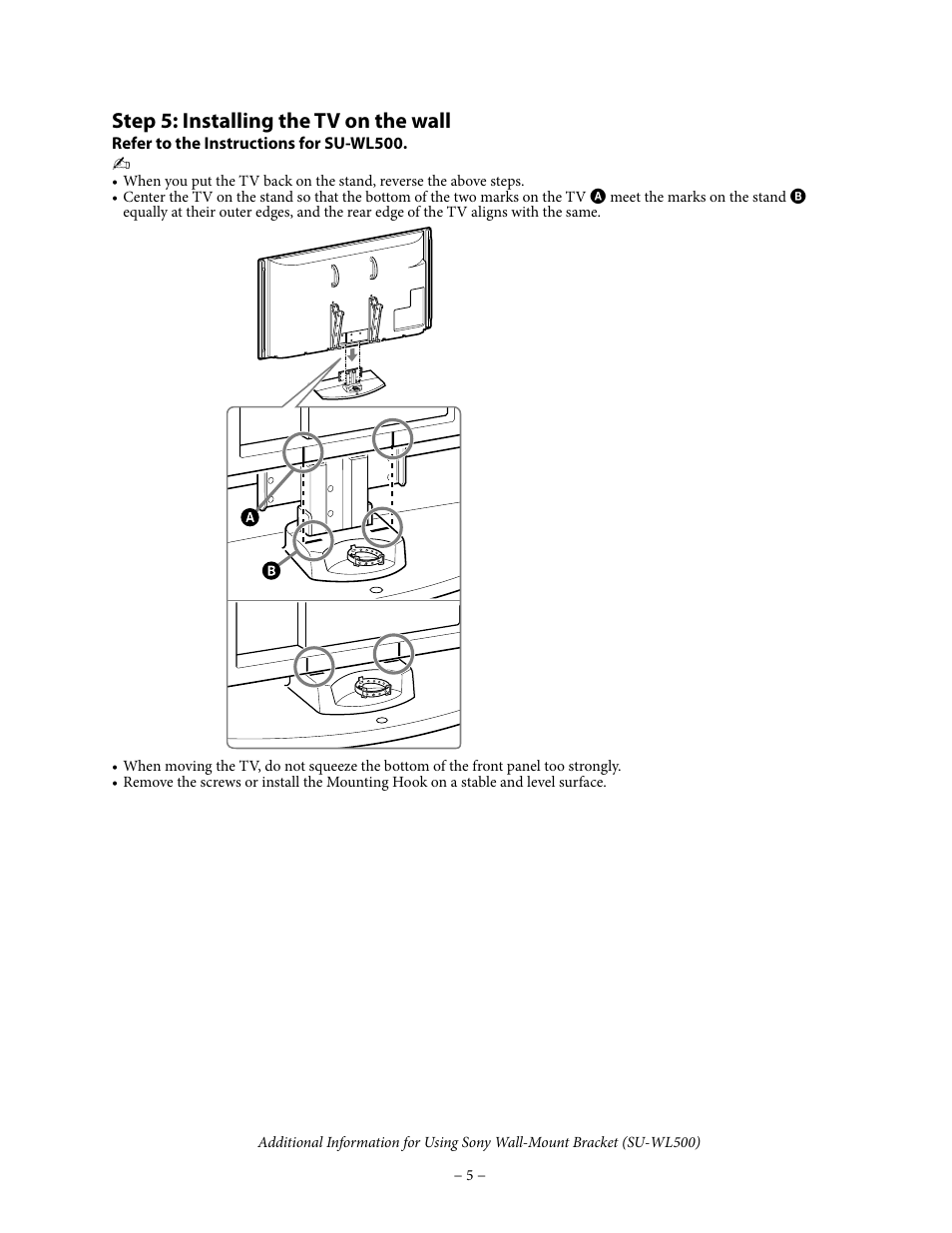 Step 5: installing the tv on the wall | Sony KDL-70XBR7 User Manual | Page 5 / 5