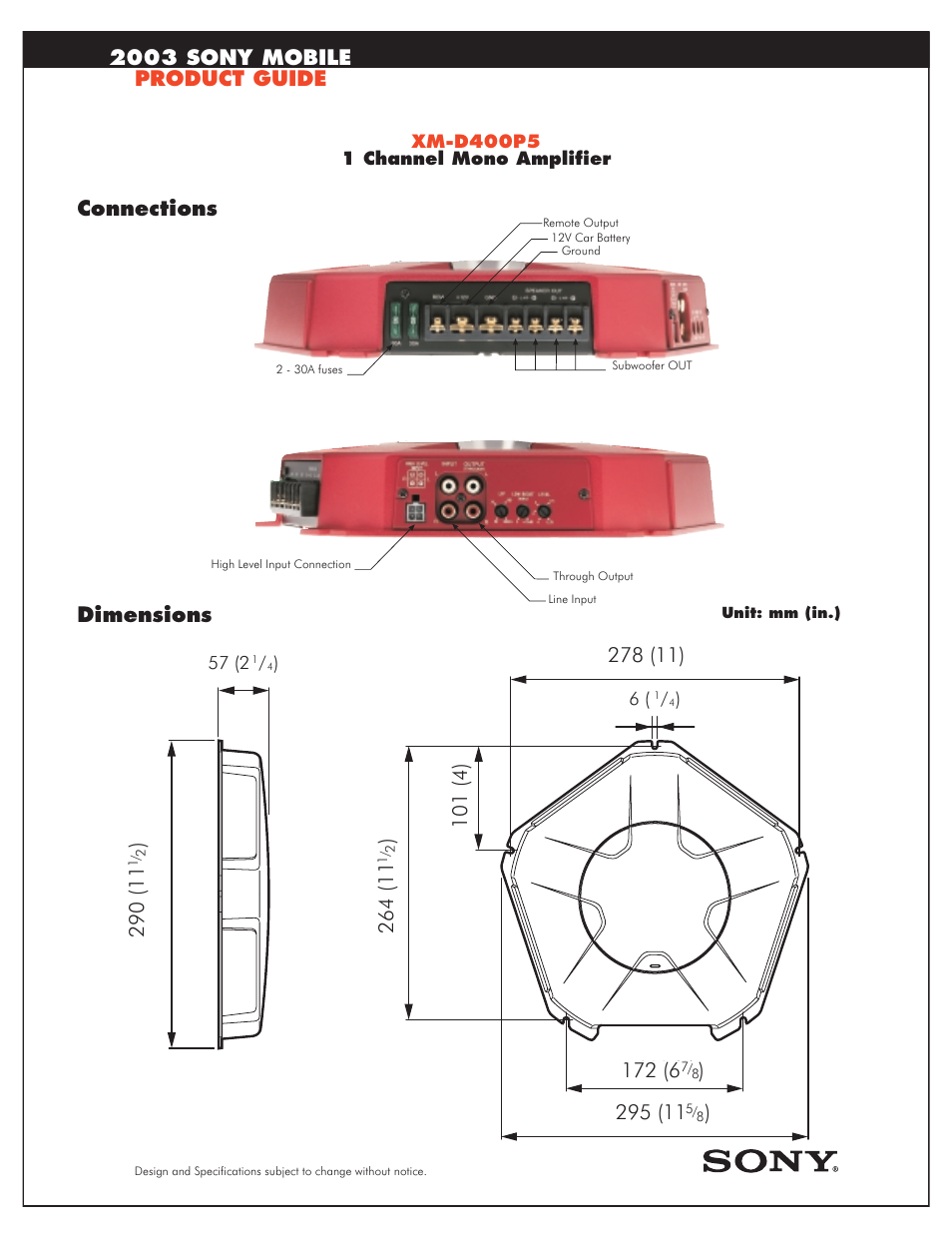 2003 sony mobile product guide, Connections dimensions | Sony XM-D400P5 User Manual | Page 2 / 2