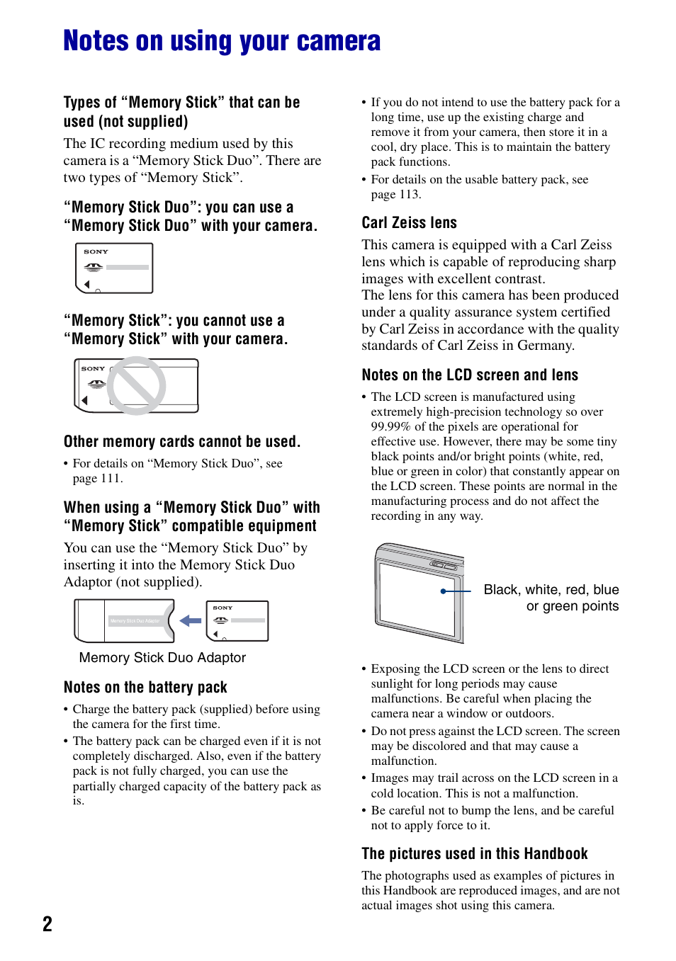 Notes on using your camera | Sony DSC-T100 User Manual | Page 2 / 119