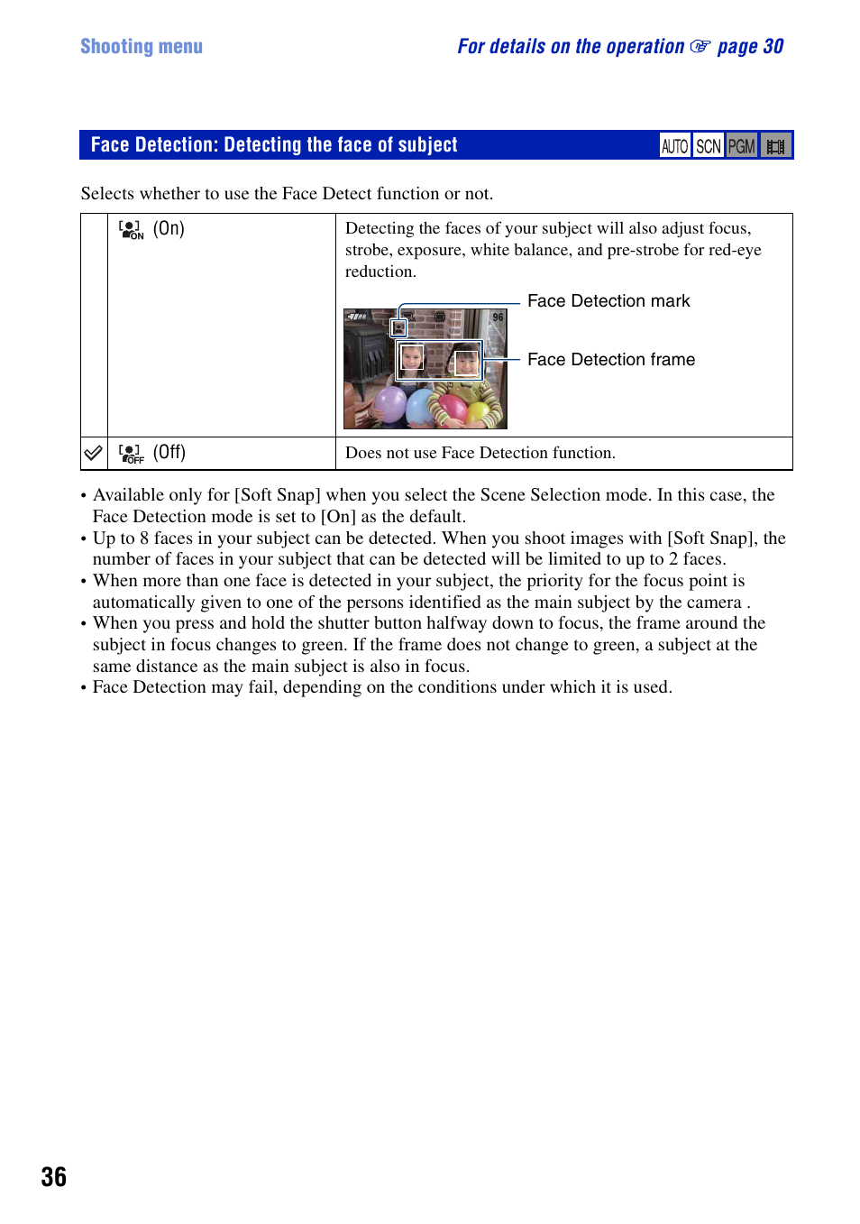 Face detection: detecting the face of subject | Sony DSC-T100 User Manual | Page 36 / 119