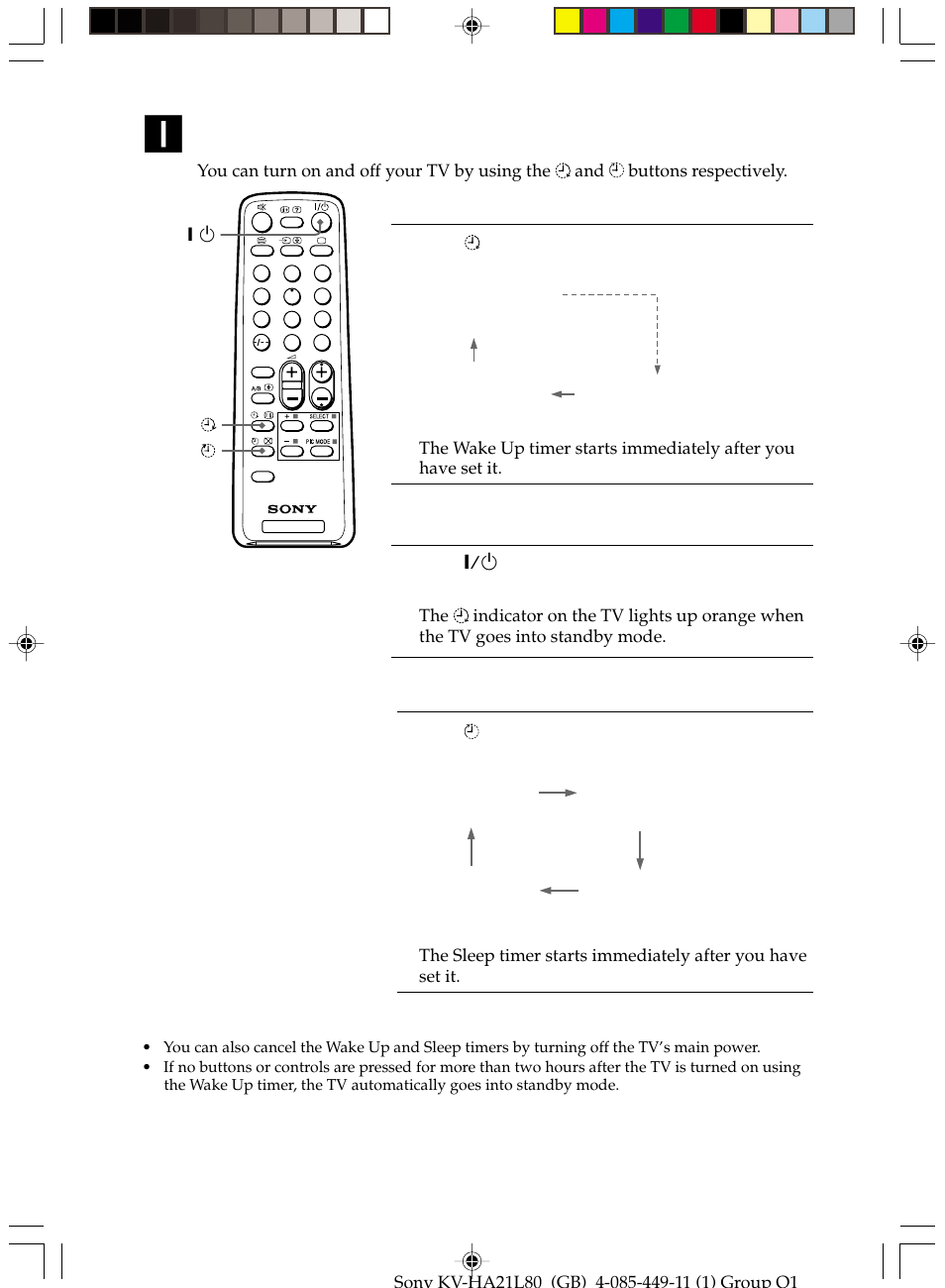 Setting the timers, Setting the wake up timer, Setting the sleep timer | Sony KV-HA14L80 User Manual | Page 10 / 15