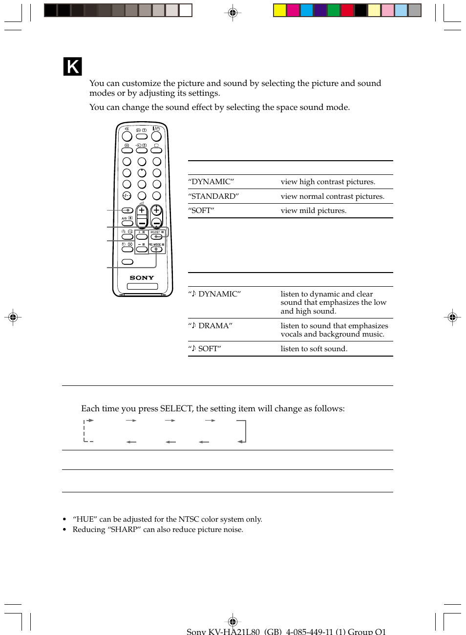 Customizing the picture and sound, Selecting the picture mode, Selecting the sound mode | Adjusting the picture and sound settings | Sony KV-HA14L80 User Manual | Page 13 / 15