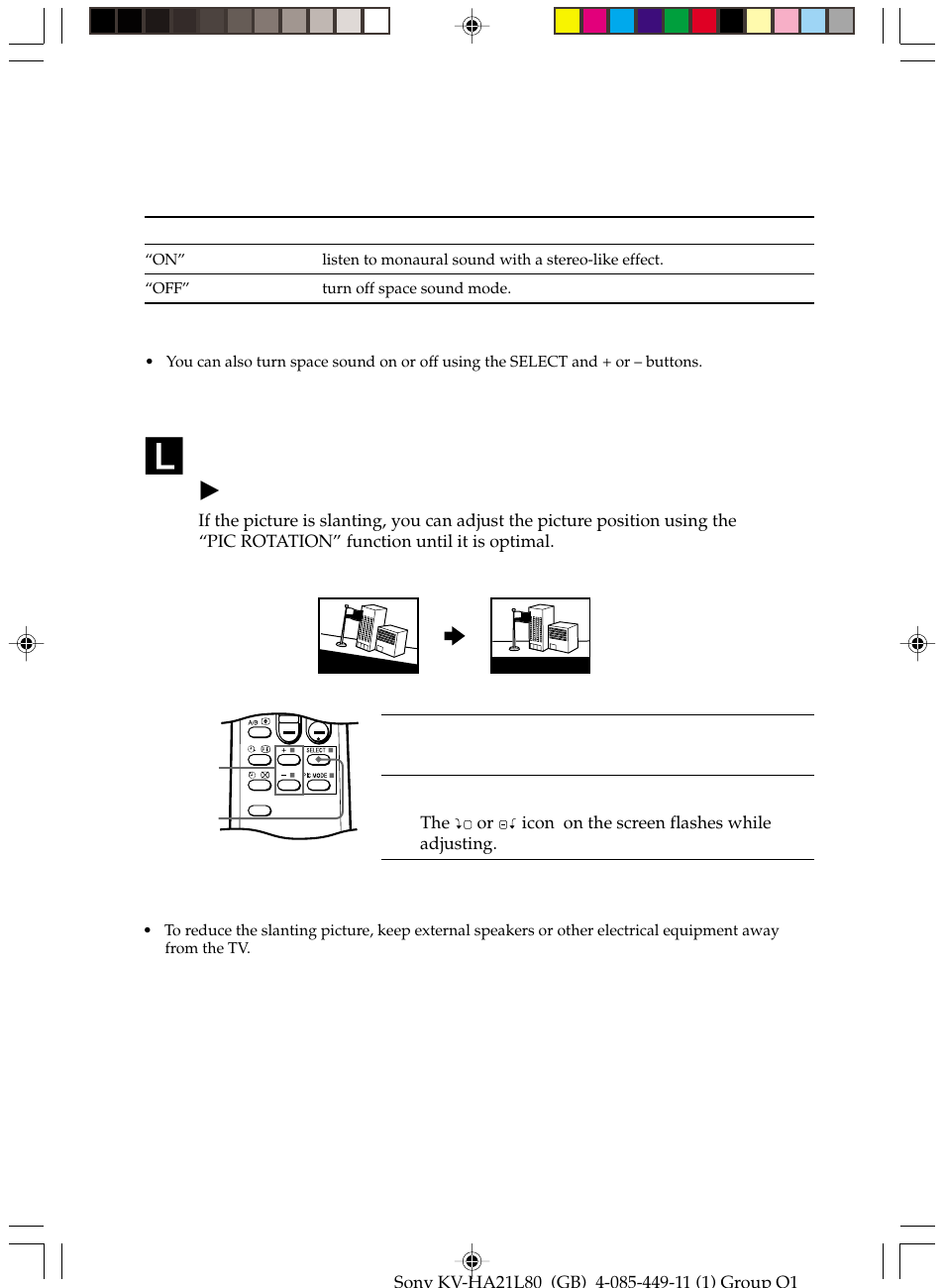 Adjusting the picture position, Selecting the space sound mode | Sony KV-HA14L80 User Manual | Page 14 / 15
