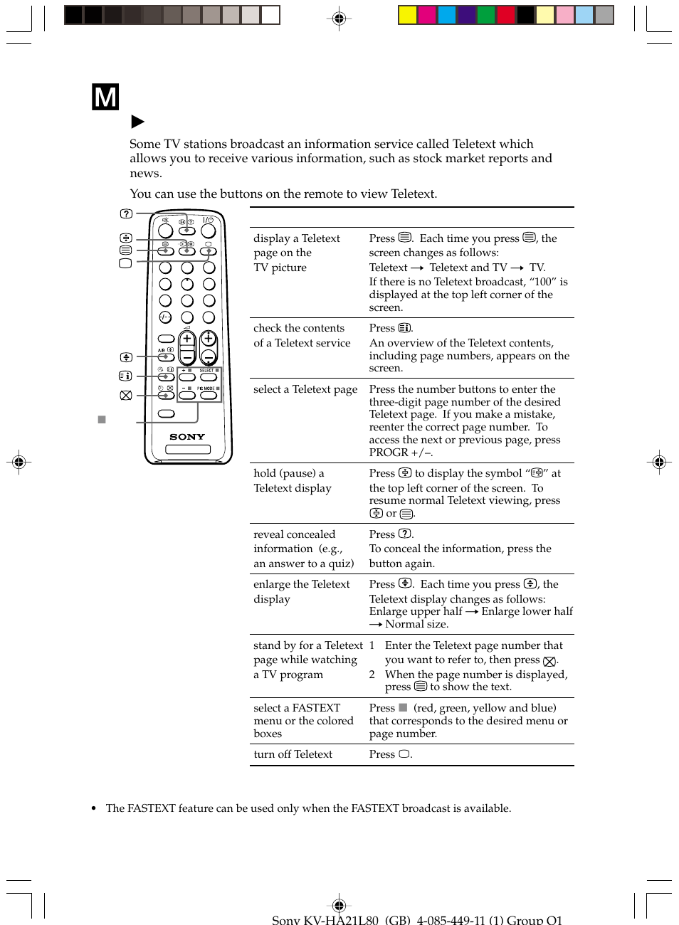 Viewing teletext, Kv-ha21m81 only | Sony KV-HA14L80 User Manual | Page 15 / 15