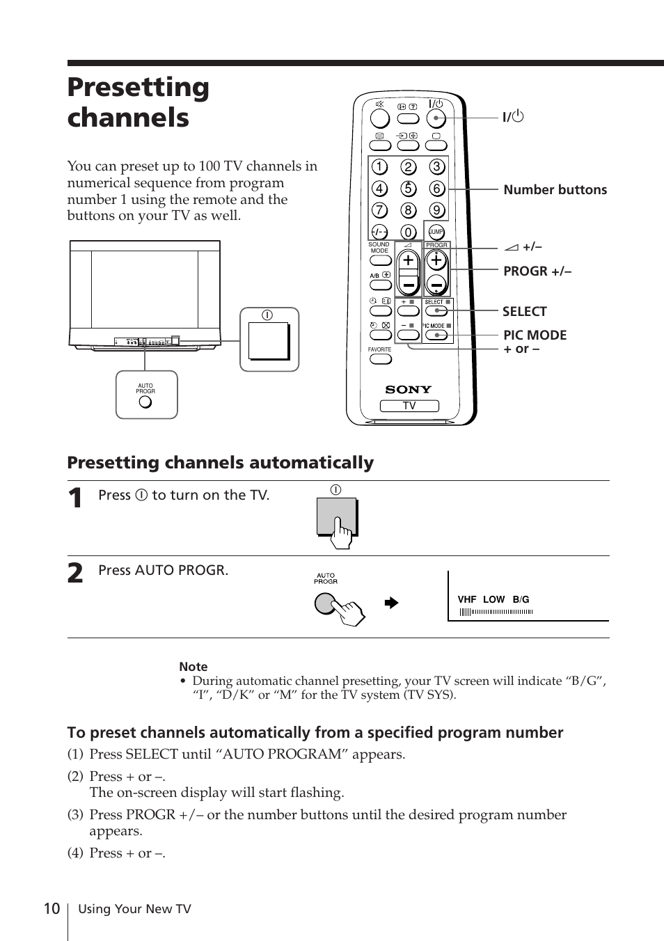 Presetting channels, Presetting channels automatically | Sony KV-XA21M80 User Manual | Page 10 / 29
