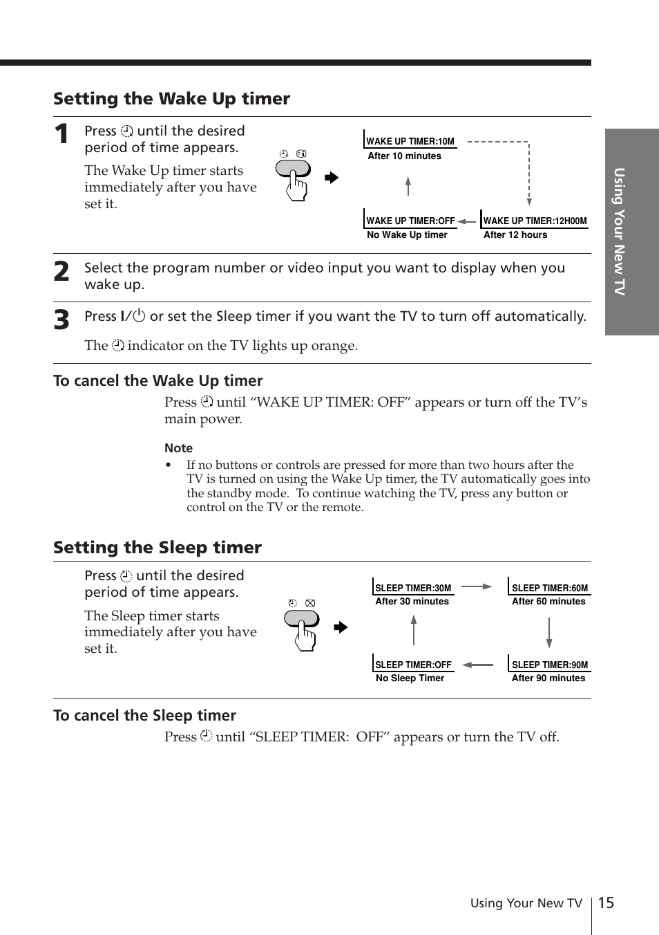 Setting the wake up timer, Setting the sleep timer | Sony KV-XA21M80 User Manual | Page 15 / 29