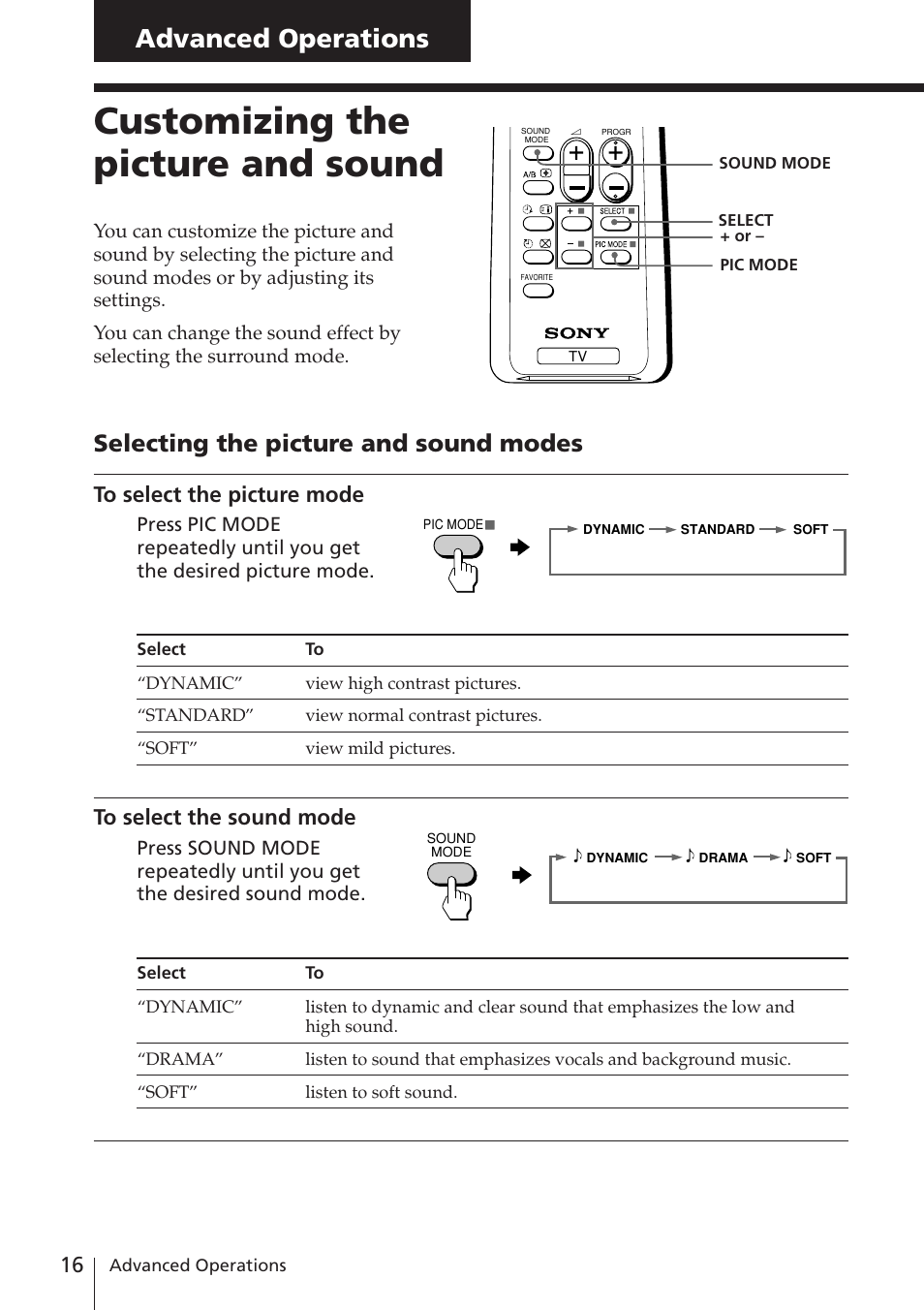 Advanced operations, Customizing the picture and sound, Selecting the picture and sound modes | Sony KV-XA21M80 User Manual | Page 16 / 29