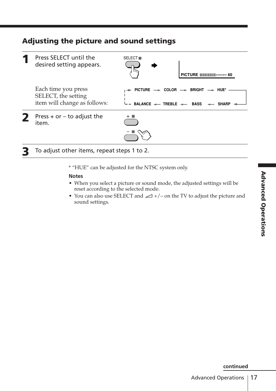 Adjusting the picture and sound settings | Sony KV-XA21M80 User Manual | Page 17 / 29