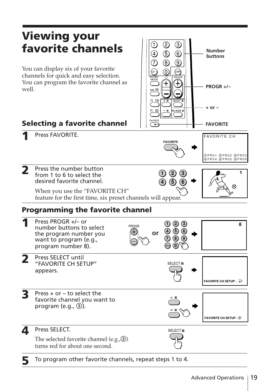 Viewing your favorite channels, Selecting a favorite channel, Programming the favorite channel | Sony KV-XA21M80 User Manual | Page 19 / 29