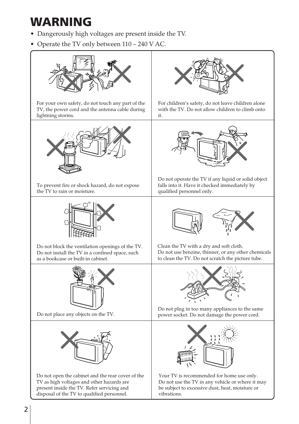 Warning | Sony KV-XA21M80 User Manual | Page 2 / 29